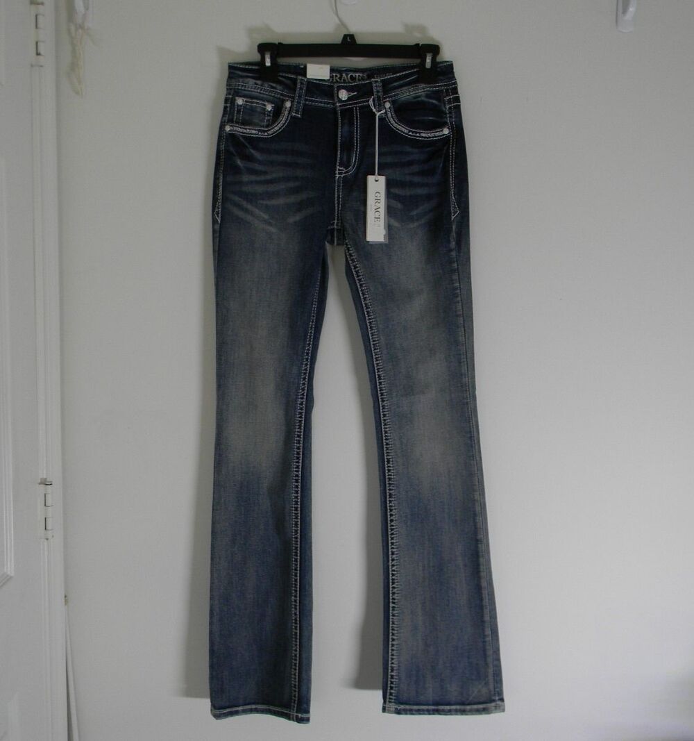 Grace in LA Easy Fit Boot Cut Jeans Embellished Pockets Sz 27 NWT